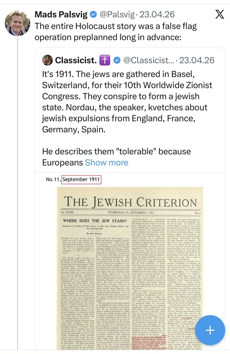 Palsvig's tweet photo. It is “illegal” and “harmful” to comment on facts regarding the official Holocaust narrative used to guilt trip all white Christian people for something the Germans didn’t do. 
Such as talking about how the “6 million” imaginary number was mentioned over 200 times in newspapers before WWII.
