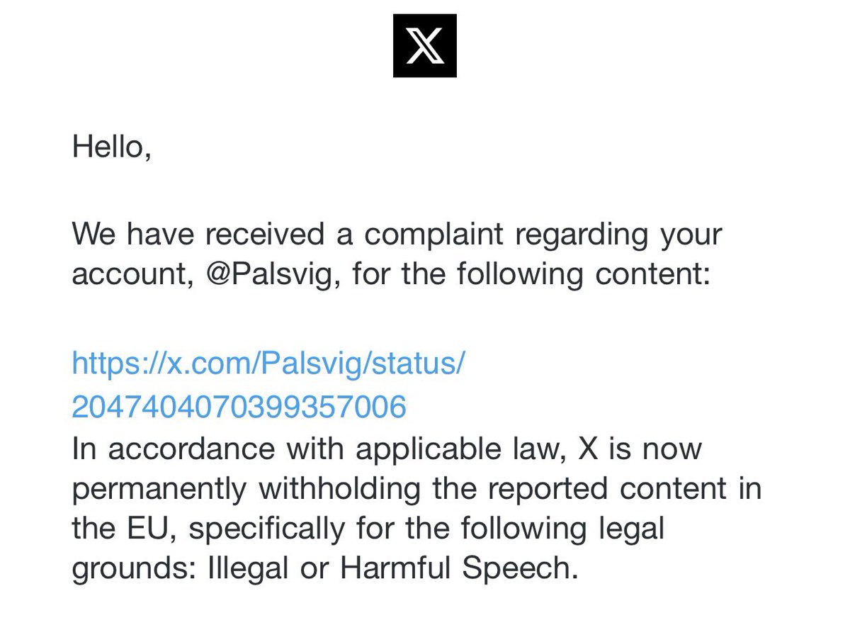 Palsvig's tweet photo. It is “illegal” and “harmful” to comment on facts regarding the official Holocaust narrative used to guilt trip all white Christian people for something the Germans didn’t do. 
Such as talking about how the “6 million” imaginary number was mentioned over 200 times in newspapers before WWII.