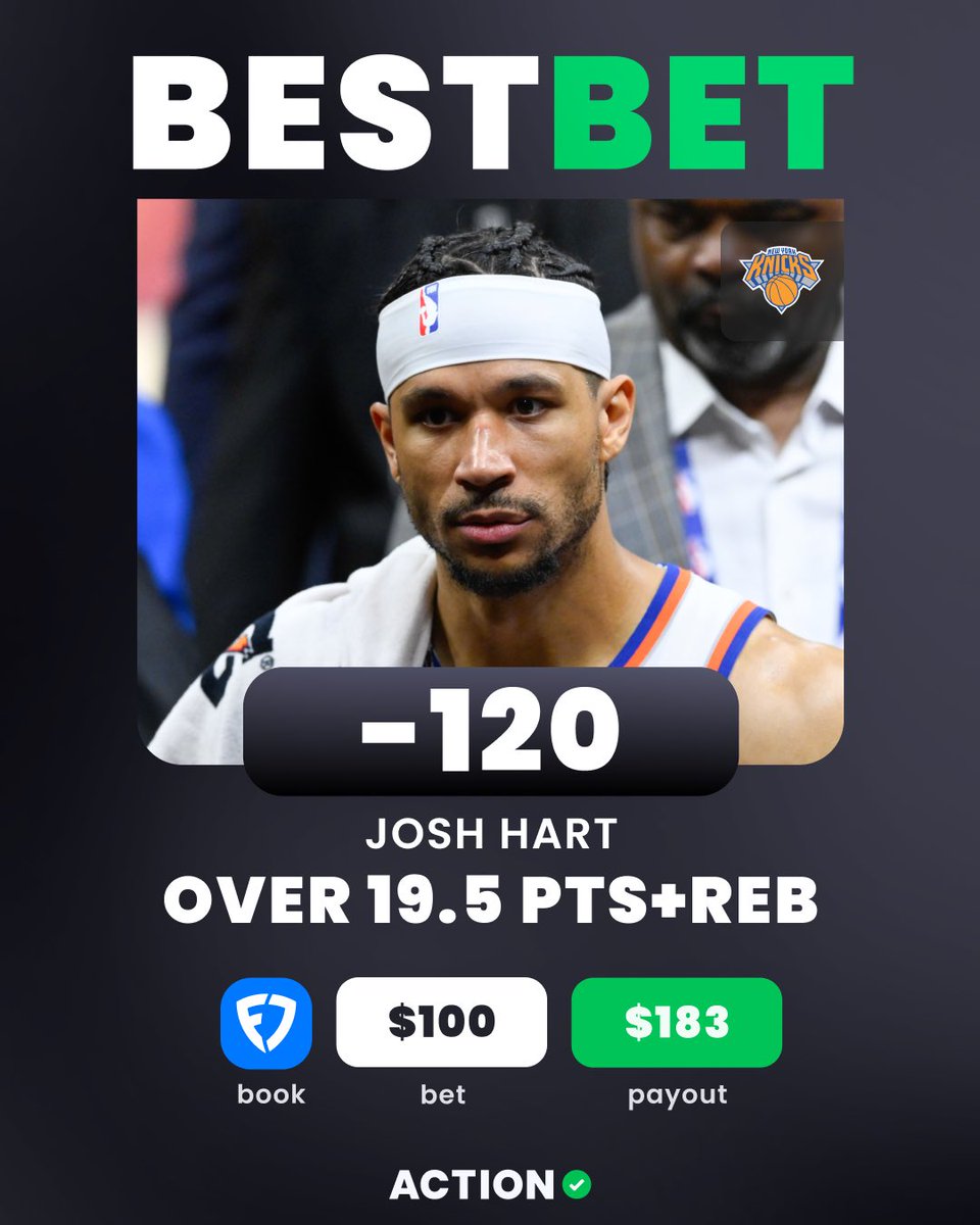 ActionNetworkHQ's tweet photo. 🏀 KNICKS vs CAVALIERS GAME 4 NBA BEST BET

📈 JOSH HART OVER 19.5 POINTS + REBOUNDS
👇 Add Directly To Your Betslip
https://t.co/wQ1bffFEgy

🗣️ "Josh Hart has quietly cleared this line in every single game of this series, dropping PR totals of 20, 30, and 21. The sheer volume of opportunities he is getting on a nightly basis makes this a secure floor. His rebounding chances have been off the charts at 15, 16, and 12 per game. Even in Game 2 when he didn't convert them efficiently, he still managed to clear this combo because the shot volume has been there too. He hoisted 11, 21, and 12 shot attempts in the first three games of this series. The Cavs are daring Hart to shoot the basketball. Cleveland is perfectly content living with his offensive production, which means Hart will continue to get uncontested perimeter targets and clean driving lanes. Even on nights when his jumper isn't falling, Hart usually responds by tracking down long misses and ramping up his transition effort to create easy buckets around the rim." -@JoeDellera