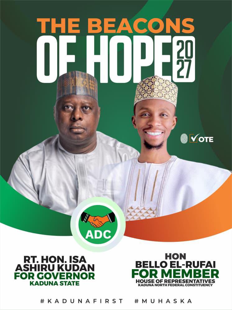IshaqAboubaqar's tweet photo. Rt. Hon. Isa Ashiru Kudan, the next Governor of Kaduna State, and Hon. Bello El-Rufai, Member of the House of Representatives, are ready to lead with vision, integrity, and commitment.

ADC is the clear choice for a better, united, and prosperous Kaduna. https://t.co/bg7BKCnvFu
