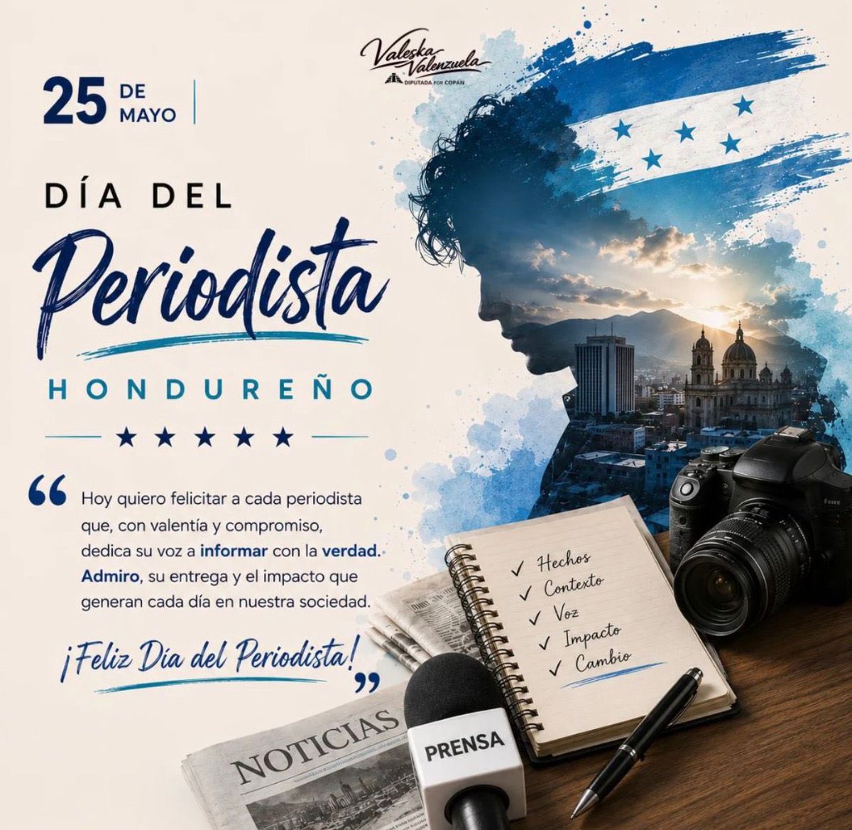 ValeskaValen_'s tweet photo. Hoy felicito a cada periodista hondureño que, con valentía y compromiso, trabaja día a día para informar y contar la realidad de nuestro país.

Gracias por su esfuerzo, responsabilidad y por darle voz a tantas personas. Mi respeto y admiración para todos ustedes en su día. 🇭🇳🖋️ https://t.co/ue3KUQxsoT