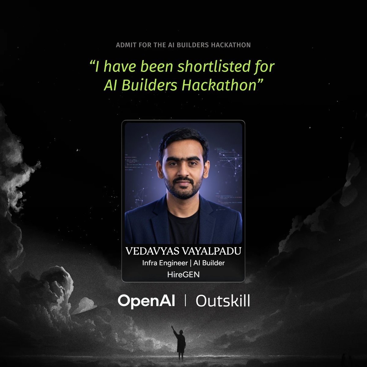 vyas4c3's tweet photo. Excited to share that I've been shortlisted for the OpenAI x Outskill AI Builders Hackathon 🚀 

Over the next week, I'll be building alongside 1000 selected builders from across the country to launch real AI products using Codex by OpenAI.

We'll also get access to live sessions, mentorship, feedback, and support from the OpenAI + Outskill teams throughout the hackathon.

I'll be building HireGEN — an India-first, skill-validated hiring platform that cuts through resume noise with verifiable proof of capability. AI parses GitHub portfolios, projects, and candidate evidence to build structured skill graphs. Recruiters see candidates ranked by real signal, not pedigree. The goal is to unlock Tier-2/3 talent that often stays invisible on network-biased platforms.

Really looking forward to turning this idea into a live product in just a few days while building alongside some incredible developers, founders, and AI-native builders.

I'll also be sharing my progress, build journey, learnings, and updates from the hackathon here over the next week, so do follow along and support.

If you're a developer, AI engineer, founder, or builder experimenting with AI and coding agents, you should definitely give Codex a try.

Top 5 winners receive Codex Pro access for 1 year worth ₹1.2L+.

Let's build.

#OpenAI #Codex #BuildWithCodex #AIBuilders #Hackathon #BuildInPublic