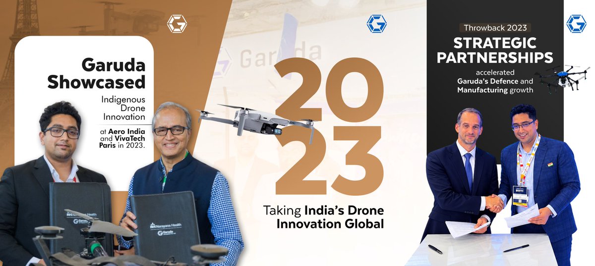 garuda_india's tweet photo. 2023 was a significant milestone for Garuda Aerospace as we showcased indigenous drone innovation at Aero India and VivaTech Paris, while strategic partnerships strengthened our defence manufacturing growth.
A proud step in taking India’s drone innovation to global platforms.
#GarudaAerospace #DroneInnovation #AeroIndia #VivaTechParis #DefenseManufacturing #MakeInIndia