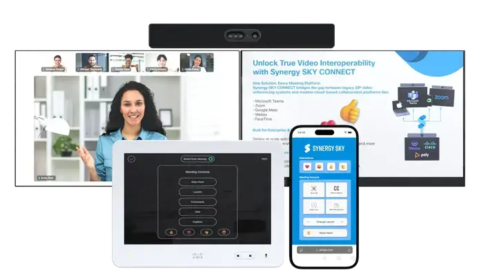 SynergySKY's tweet photo. For years, joining Teams, Zoom, Webex, or Google meetings from Cisco video devices has been easy.

But truly participating? That has been harder.

With TrueView™ Engage, meeting room participants can now interact directly from the Cisco touch controller or their mobile phone, https://t.co/5i4ZraCwvc