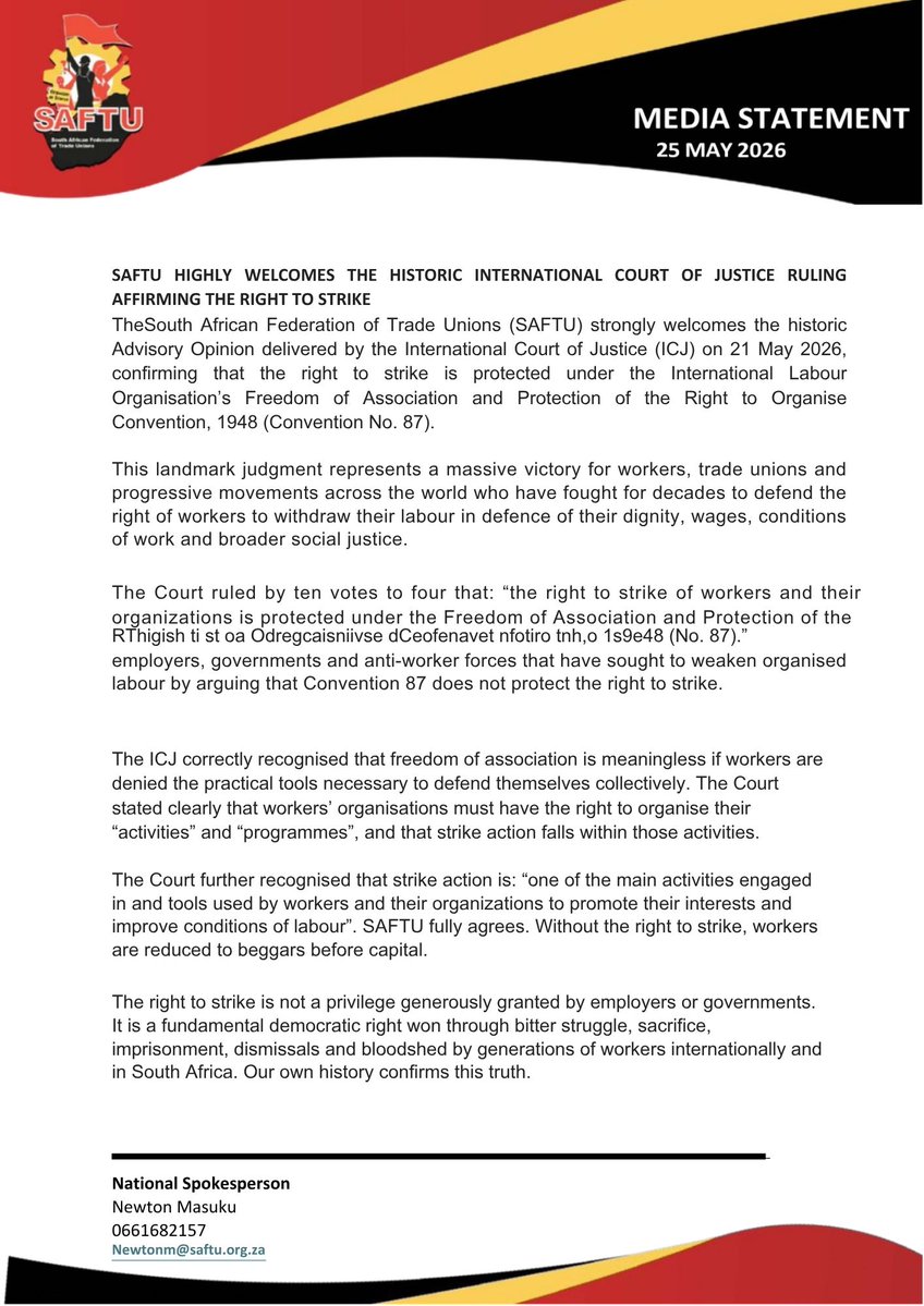 SAFTU_media's tweet photo. SAFTU STRONGLY WELCOMES THE HISTORIC INTERNATIONAL COURT OF JUSTICE RULING AFFIRMING THE RIGHT TO STRIKE. https://t.co/YB69nMlrwx
