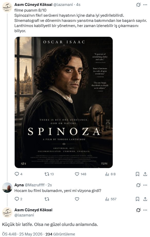 malumatfurusorg's tweet photo. Yorgos Lantimos'un yönettiği, Oscar Isaac'in başrolünü üstlendiği Spinoza adlı bir film de yok.
Spinoza'nın hayatının beyaz perdeye yansıtıldığı kurgusuyla çeşitli latifeler ve trollemeler yapıldı.
#Spinoza #OscarIsaac #YorgosLanthimos https://t.co/WT114VuLSM