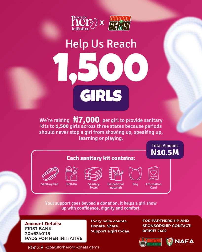 Padsforherorg's tweet photo. We’re raising sanitary kits to help girls stay confident, stay in school and stay in the game. Every ₦7,000 donation brings dignity, comfort and hope to a girl who needs it.

Donate. Share. Be part of the impact. 🌸 https://t.co/J58I84vuqB
