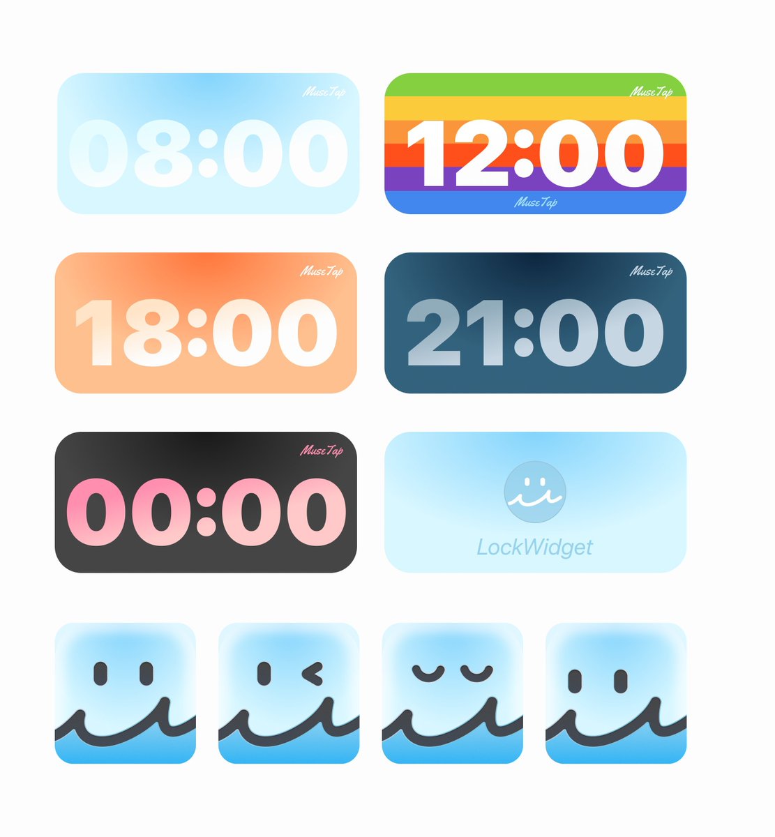 treeman730's tweet photo. Recently updated the widgets for MuseTap:

- MuseTap Time (Medium): Displays corresponding time colors for different periods of the day, with colors derived from the app’s styled icon.
- Small: Includes four expressions that randomly appear on the home screen.
- There are also Control Center and Lock Screen widgets.

The version has been submitted for review！