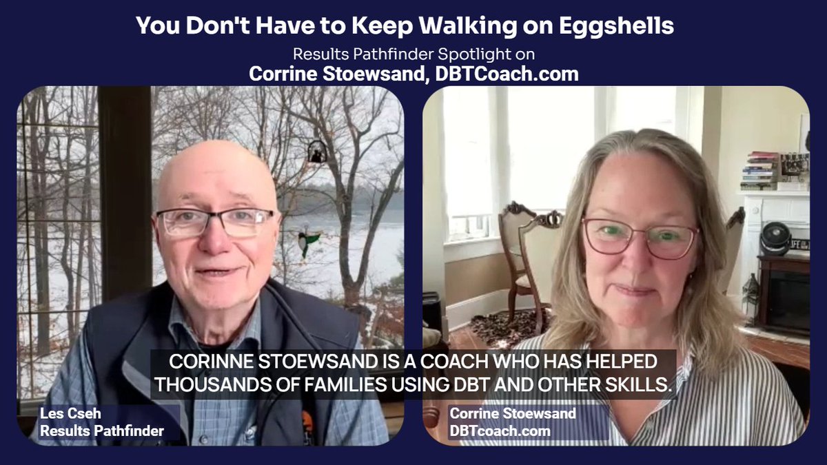 ResultsPath's tweet photo. If you have a loved one with BPD, you know the exhaustion.

The walking on eggshells. The feeling that nothing you do helps, and sometimes makes things worse.

This BPD Awareness Month, I want to introduce you to someone who has helped me personally, and who has been helping families like ours for over 20 years.

DBT coach Corrine Stoewsand doesn't work with the person who has BPD. She works with you.

Teaching you the skills to understand what is happening, respond differently, and find your footing again.

I recently sat down with her for a video interview. There is a lot of hope in this conversation.

🎥 Link in comments 

@BPDalliance 

#BPDAwarenessMonth #MentalHealthAwareness #BorderlinePersonalityDisorder #BPDRecovery #WalkingOnEggshells #DBT