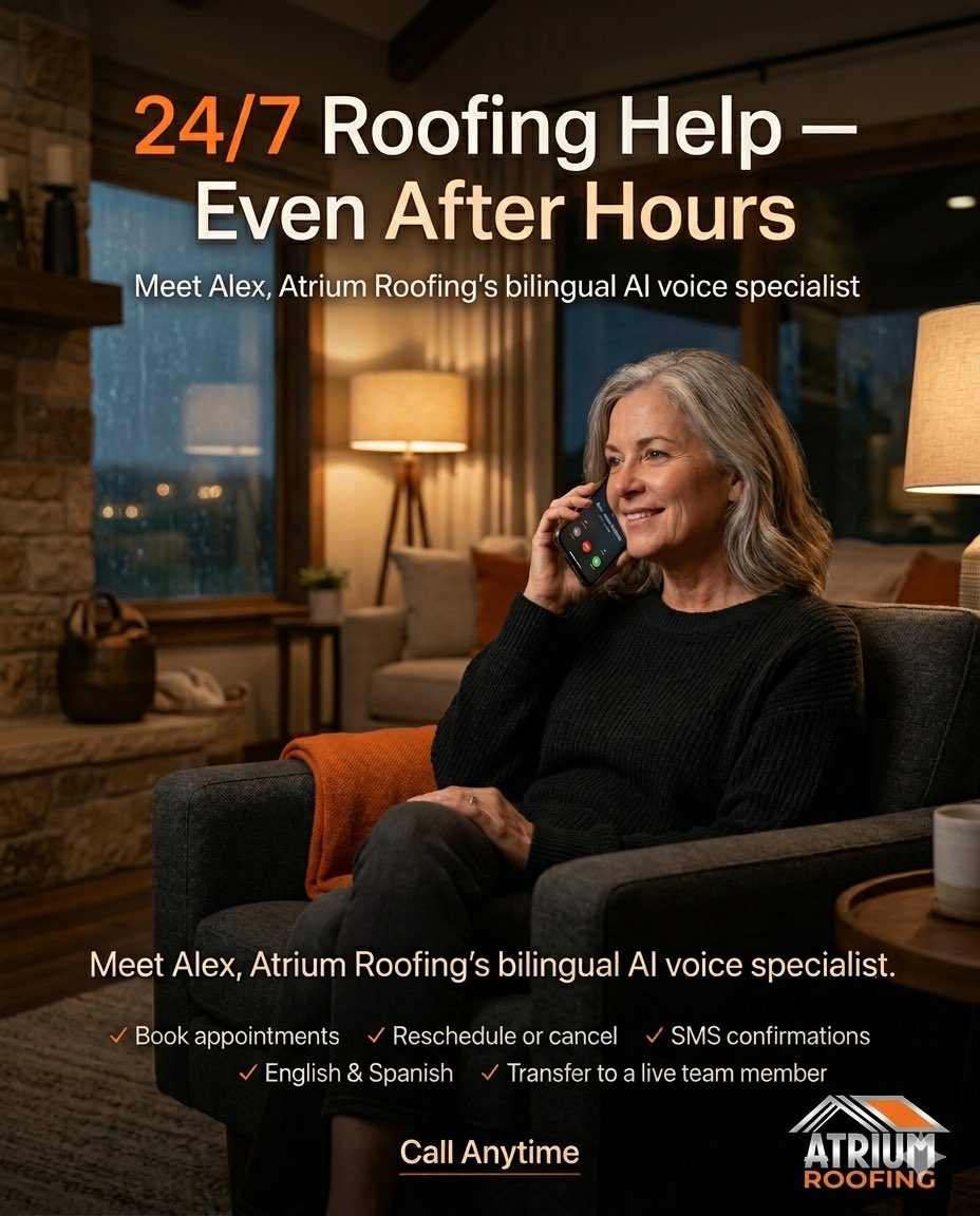 atriumroofing's tweet photo. Roof leak at 10 PM? Storm damage on Sunday? You shouldn’t have to wait until Monday.

Meet Alex — Atrium Roofing’s 24/7 bilingual AI voice specialist.

📅 Book/reschedule/cancel
📲 SMS confirmations
☎️ Human transfer when needed
🇺🇸🇲🇽 EN/ES support https://t.co/PbiGTWezvn