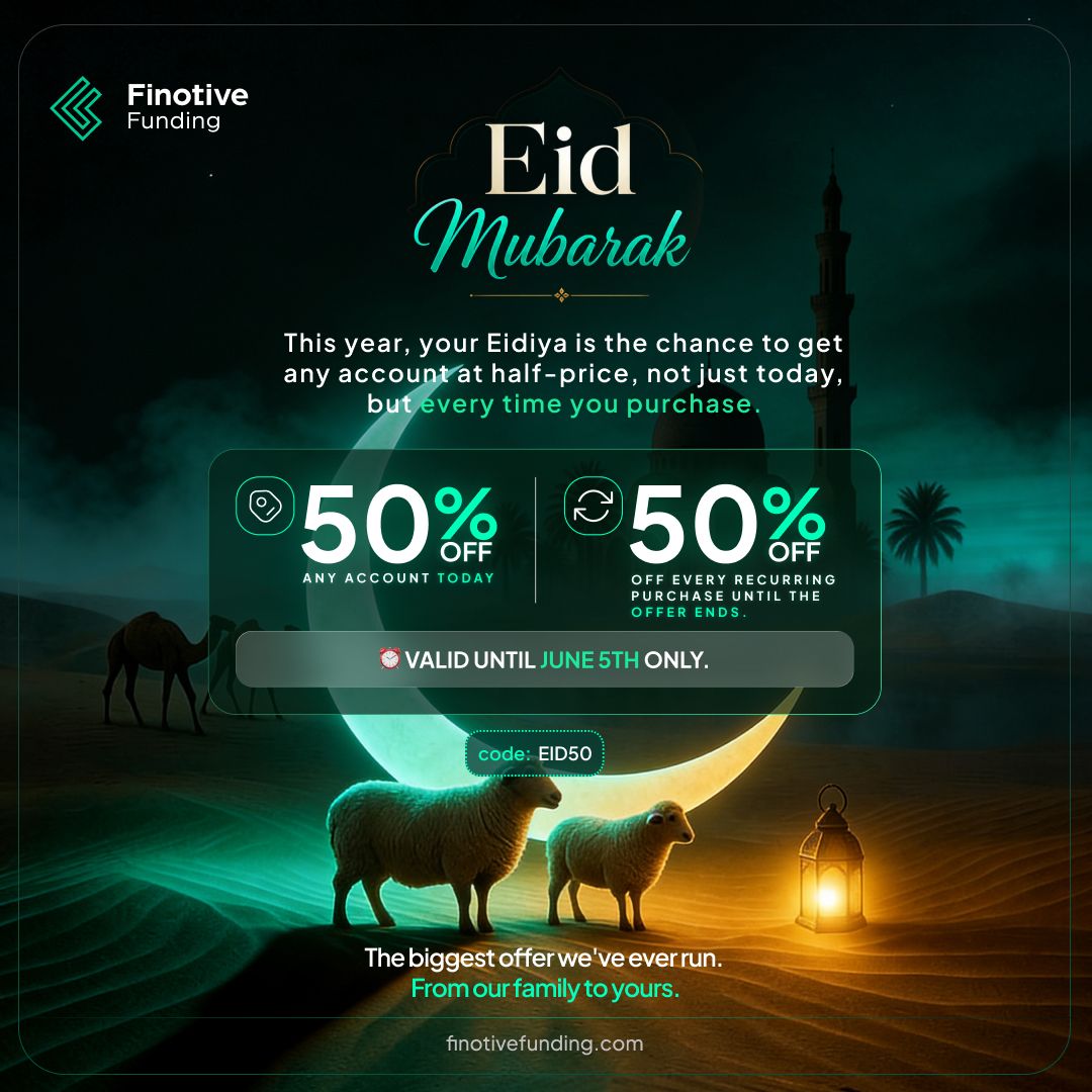 FinotiveFunding's tweet photo. THE BIGGEST EID OFFER IN PROP FIRM HISTORY IS OFFICIALLY LIVE! 🚨🔥

No more teasers. No more behind-the-scenes drama. Just pure, unmatched value that will completely change how you scale your trading capital.

We are cutting our prices in HALF. And then keeping them there.

Here is exactly what you get when you use Code EID50:

🟢 50% OFF ANY Account Size & Type Today.
🟢 50% OFF Every Single Recurring Purchase you make next.

Not for 2 days. Not for 3 days. This is a continuous 50% discount on every single purchase you make from now until the campaign ends on June 5th.
This isn't a one-time flash sale that disappears after 24 hours.

⚡ Every Account Type.
⚡ Every Challenge Size.
⚡ Instant Funding Included.

🎯 Use Code: EID50
⏳ DEADLINE: June 5th ONLY. >
The price will never be this low again. Secure your half-price account right now before the clock runs out.

👉 Get your account For Half-Price Here: https://t.co/hk5udGWeFt 

#PropFirm #FinotiveFunding #Trading #EidOffer #FxTrading