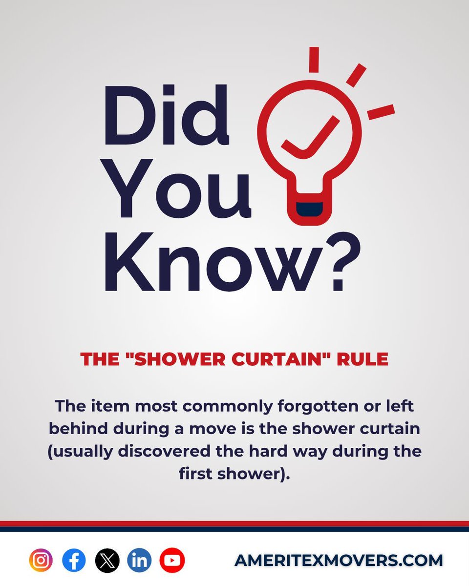 AmeritexMovers's tweet photo. Don't forget the shower curtain! It's the #1 item left behind. Double-check the bathroom before you head out. #MovingAdvice #HoustonHomes #AmeritexMovers #MovingChecklist https://t.co/h24tmMuBn0