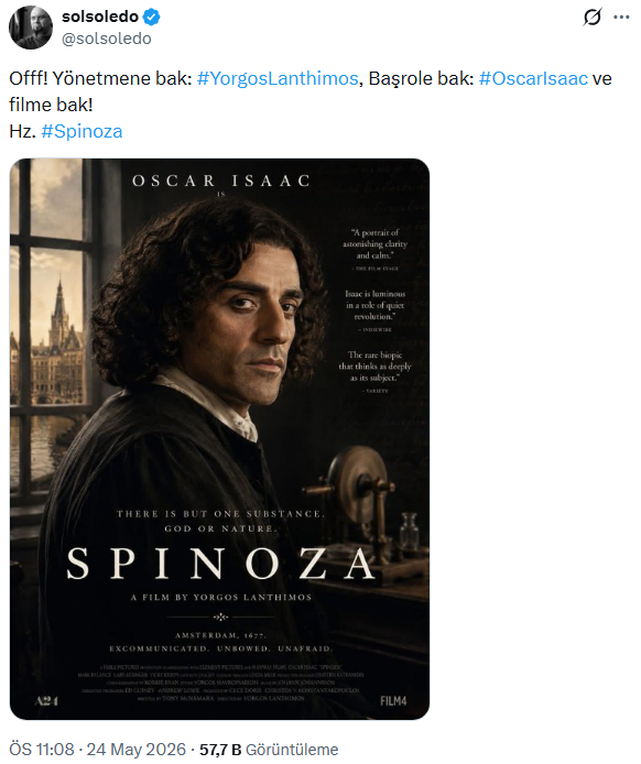 malumatfurusorg's tweet photo. Yorgos Lantimos'un yönettiği, Oscar Isaac'in başrolünü üstlendiği Spinoza adlı bir film de yok.
Spinoza'nın hayatının beyaz perdeye yansıtıldığı kurgusuyla çeşitli latifeler ve trollemeler yapıldı.
#Spinoza #OscarIsaac #YorgosLanthimos https://t.co/WT114VuLSM