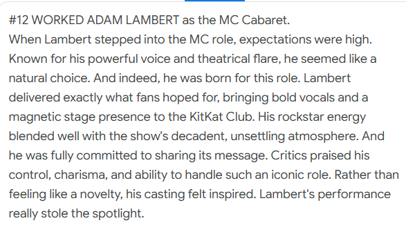 dianik_bg's tweet photo. MsMojo:Top 30 Best &amp;Worst Broadway Stunt Castings
#12 WORKED ADAM LAMBERT as the MC Cabaret
He was born for this role.Critics praised his control, charisma,&amp;ability to handle such an iconic role.Lambert's performance really stole the spotlight #AdamLambert
https://t.co/EEAr24qfaD https://t.co/75E5MxBXwN