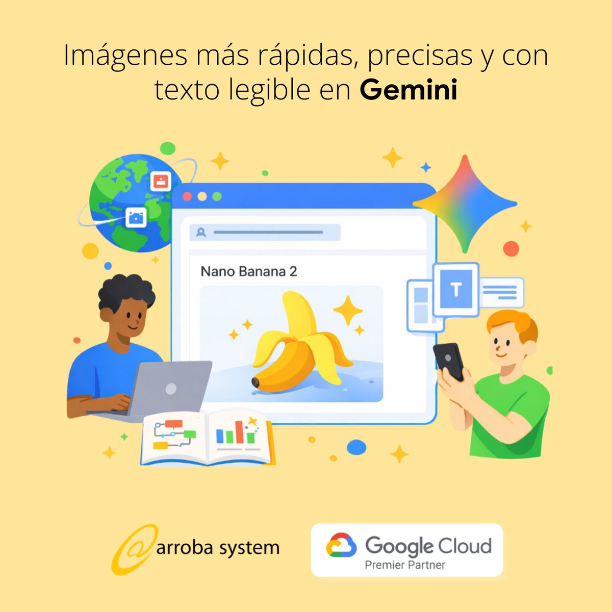 arrobasystem's tweet photo. ¡Gemini estrena Nano Banana 2! 🍌 

Imágenes más rápidas, fotorealistas y con texto legible para tu empresa. 

Conoce más: https://t.co/6gg6Tlj5FW

#Gemini #IA https://t.co/OdSgBqC5jY