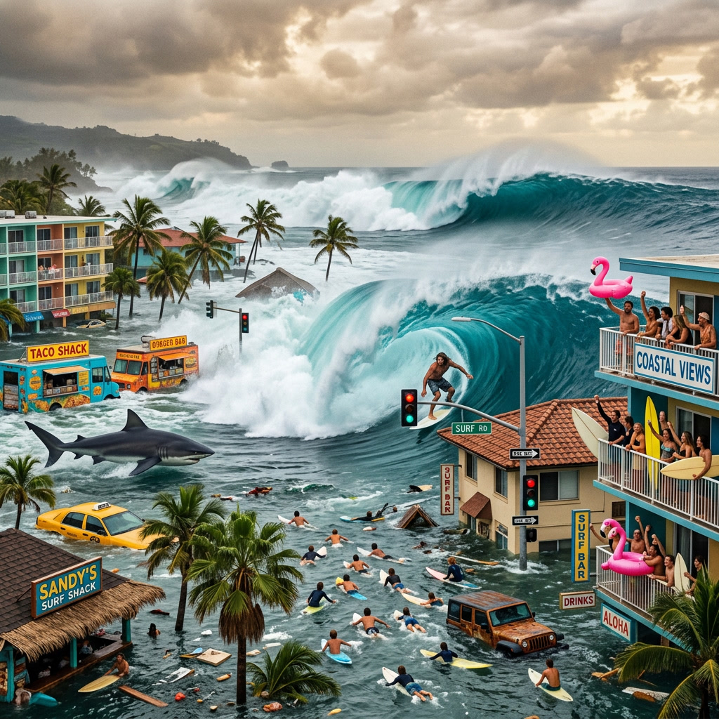 surfreportbr's tweet photo. Quando o mar resolve invadir a cidade… os surfistas ainda perguntam:
“Será que tá clássico ou tá muito cheio?” 🌊😂
Enquanto alguns fogem da enchente, outros já estão procurando a melhor bancada no meio da avenida. 🏄♂️⚡
#Surf #SurfLife #BigWaves #Tsunami #SurfHumor #Ocean #Wave #Aloha #SurfReport #Surfing #LineUp #ExtremeSurf #FunnySurf #GoodVibes #ApocalipseSurfista #SurfCulture