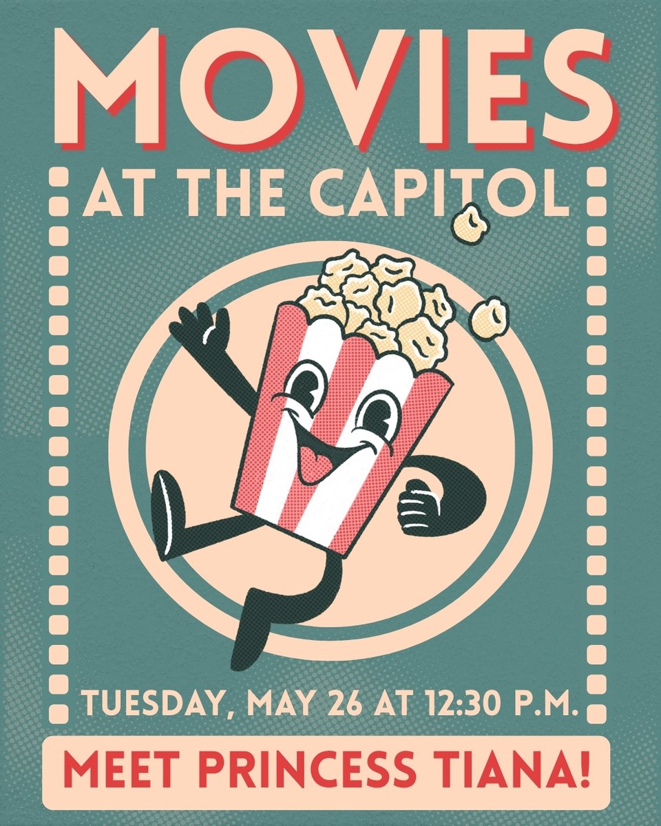 CapitolBg's tweet photo. Come by for another free summertime family movie this Tuesday, May 25 at 12:30 p.m! Come see Princess Tiana on the big screen, then stick around after the movie for a photo opportunity with her as well! Please register for the meet and greet on our website. https://t.co/ACAzHSUFhG