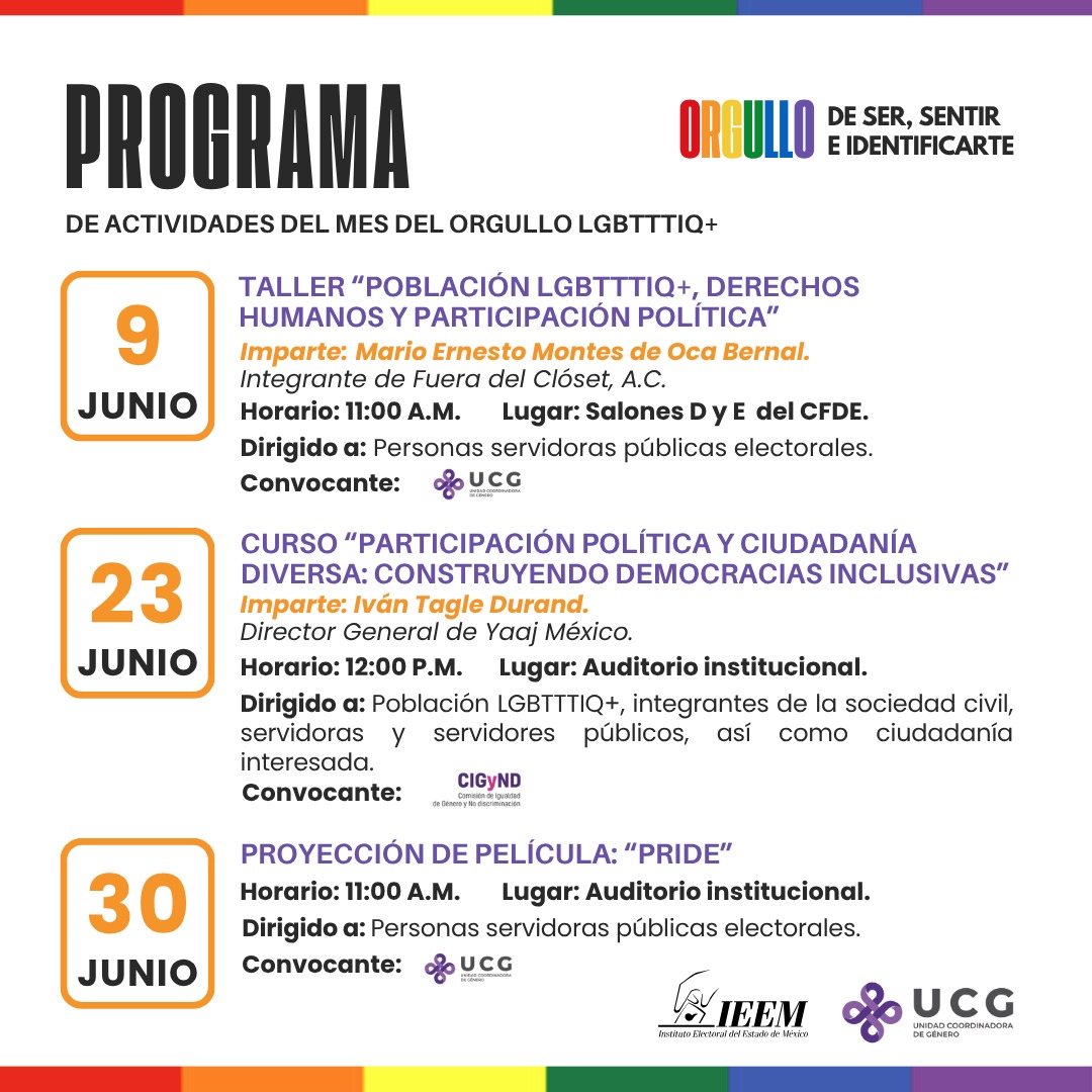 IEEM_MX's tweet photo. ¡Conoce las actividades que el #lEEM ha preparado para el Mes del Orgullo LGBTTTIQ+! 🏳️🌈
Orgullo de ser, sentir e identificarte. 👩🏻❤️👩🏼🏳️⚧️👨🏻🤝👨🏽 https://t.co/1gVKHsMw4r