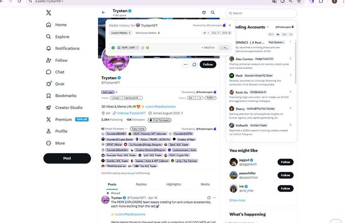 HimQuant's tweet photo. Think I just stumbled upon a milli+ narra

$Pepe Explorers

ONE OF PEPE'S TOP HOLDERS JUST RELEASED HIS OWN PEPE NFTs.

So we should send $Pepe Explorers

He has endorsed Memecoins before so he will 100% claim fees on a Coin supporting his new Project.

Sending fees to his public wallet.

He has endorsed Memecoins before so he will 100% claim fees on a Coin supporting his new Project.

Sending fees to his public wallet.

Pepe Whale: Ep5Mk6DW5za9aD3Uma4u7bEU2MbXqZjE1374YfhcukbP

Pepe NFT: