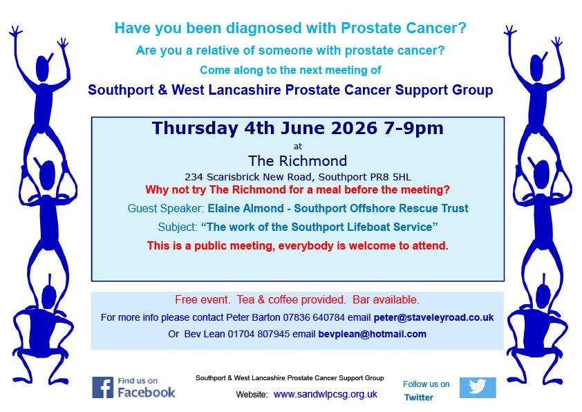 SeftonGroup's tweet photo. Next meeting of the Southport &amp; West Lancashire Prostate Cancer Support Group:

📅 Thurs 4th June | 🕖 7–9pm
📍 The Richmond, Scarisbrick New Road, Southport

Open to everyone – free entry, tea &amp; coffee provided.

👉 https://t.co/MX3EZQc6lD

#ProstateCancer #CancerSupport https://t.co/Q7LbbcwqGC