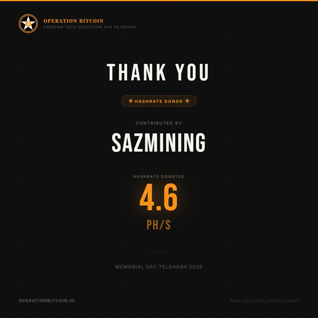 Op_Bitcoin's tweet photo. THANK YOU @sazmining for your massive contribution to our Memorial Day Telehash.

As the leading organization in Bitcoin mining as a service, your impact in bringing sovereignty to humanity is unparalleled. https://t.co/QUkgTvBbbI https://t.co/ZilcgTlDRF