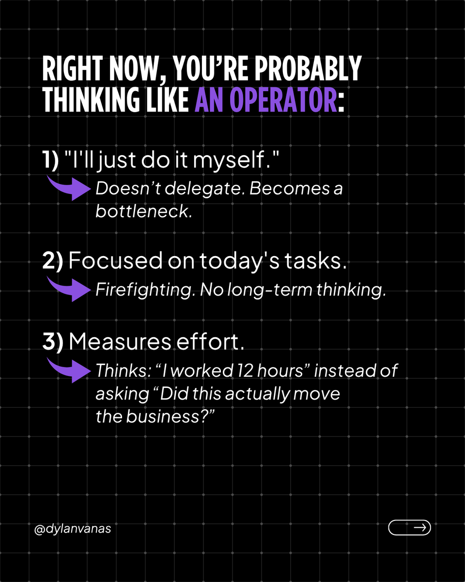 dylanvanas's tweet photo. Which one are you? Operator or CEO? 🤔

Most people are working harder than ever and wondering why the business isn't growing faster.
It's not the hours. It's the lens.

There are two ways to run a business:
The operator wakes up and asks "what do I need to do today?" 
The CEO wakes up and asks "what needs to stop happening forever?"

One keeps you busy. The other builds something that runs without you.

Same calendar. Same 24 hours. Completely different trajectory.

The shift isn't about doing more. It's about thinking at a higher level than the problem in front of you.🧠

Swipe through and be honest with yourself about which one you are right now 👉

#BusinessGrowth #CEOMindset #Entrepreneurship #BusinessStrategy #SmallBusinessOwner #ScaleYourBusiness