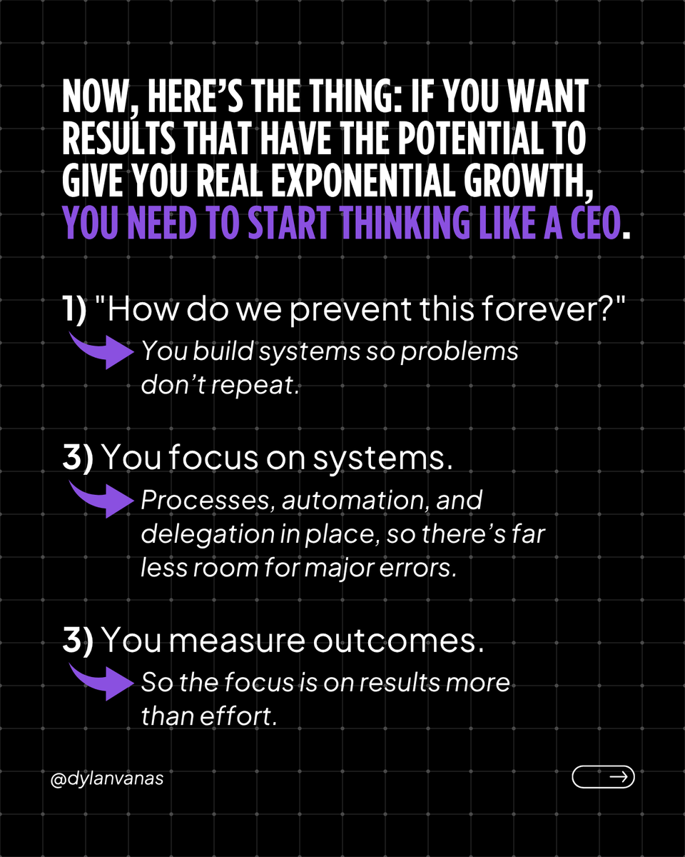 dylanvanas's tweet photo. Which one are you? Operator or CEO? 🤔

Most people are working harder than ever and wondering why the business isn't growing faster.
It's not the hours. It's the lens.

There are two ways to run a business:
The operator wakes up and asks "what do I need to do today?" 
The CEO wakes up and asks "what needs to stop happening forever?"

One keeps you busy. The other builds something that runs without you.

Same calendar. Same 24 hours. Completely different trajectory.

The shift isn't about doing more. It's about thinking at a higher level than the problem in front of you.🧠

Swipe through and be honest with yourself about which one you are right now 👉

#BusinessGrowth #CEOMindset #Entrepreneurship #BusinessStrategy #SmallBusinessOwner #ScaleYourBusiness