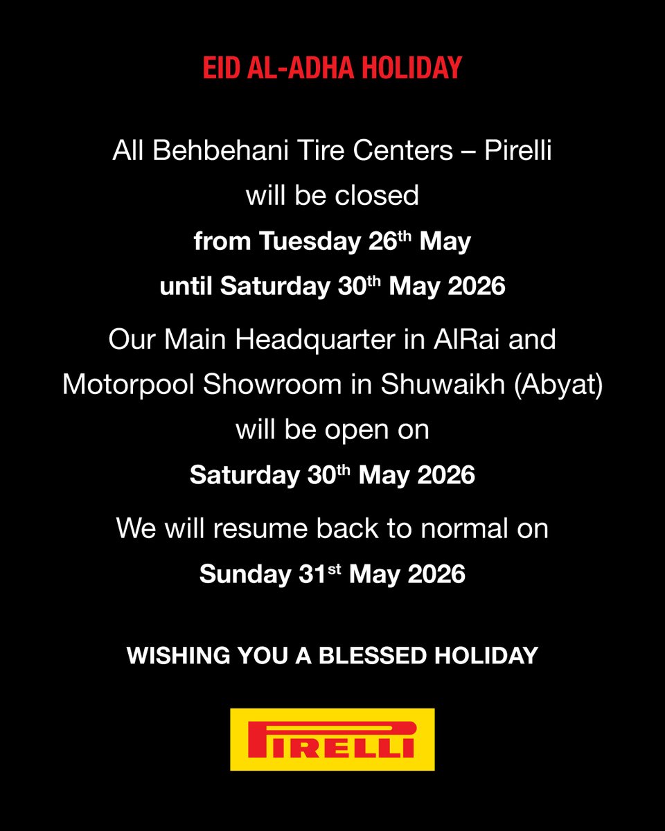 BehbehaniTire's tweet photo. أوقات العمل خلال عطلة عيد الأضحى
عيدكم مبارك
Working hours during Eid AlAdha holiday
Eid Mubarak https://t.co/WnQYargrxj