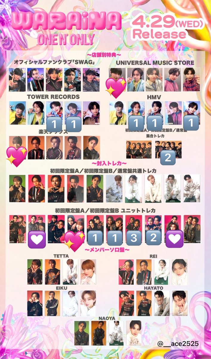 na__ons's tweet photo. ONE N' ONLY ワンエンWARAiNA 
店舗特典 封入 トレカ 交換 

【譲】🔢
【求】💖＞💟＞種類問わずTETTA

店舗特典同士、封入同士での交換
都内手渡し、郵送(、エビライ4日目現地)希望

お心当たりのある方がいらっしゃいましたらご連絡ください🙇🏻‍♀️ https://t.co/8h9dHv88ef