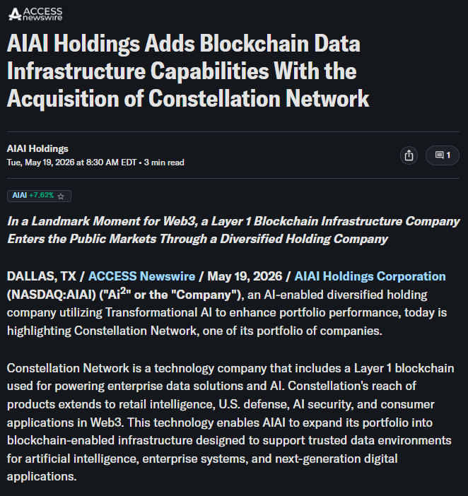 echodatruth's tweet photo. 🚨 WALL STREET JUST VALIDATED A LAYER 0 BLOCKCHAIN 🚨

Most people are still chasing hype…

Meanwhile Constellation Network just entered public markets through AIAI Holdings Corporation.

This changes everything.

This isn’t about speculation.

This is about:
⚡ Trusted AI data
⚡ Defense-grade infrastructure
⚡ Verifiable digital evidence
⚡ Institutional blockchain rails

The next wave won’t be won by meme hype.
It’ll be won by real infrastructure.

Layer 0 is becoming Wall Street’s foundation for AI.

Most won’t realize it until it’s already priced in. 👀

Make sure to follow @Dagnum_PI for more update

$DAG #AI #Crypto #Blockchain #KWYH