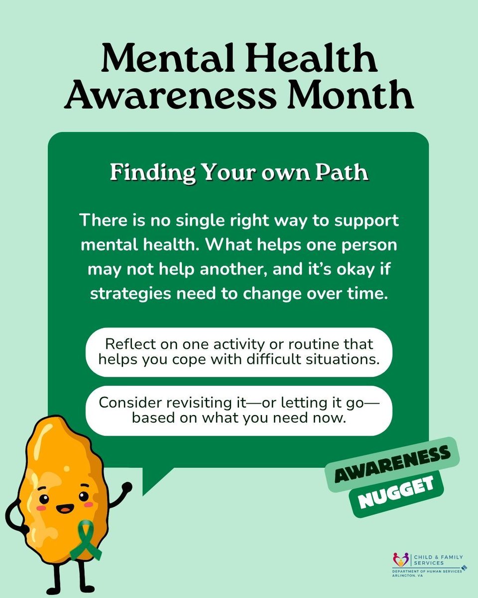 ArlingtonDHS's tweet photo. Supporting mental health looks different for everyone—and that’s okay. 
This is the third post in our series, with one more to go. Stay tuned as we shift focus to connection and support next.
#MoreGoodDaysTogether #MHM2026 #MentalHealthMonth https://t.co/L6lGLUR1uf