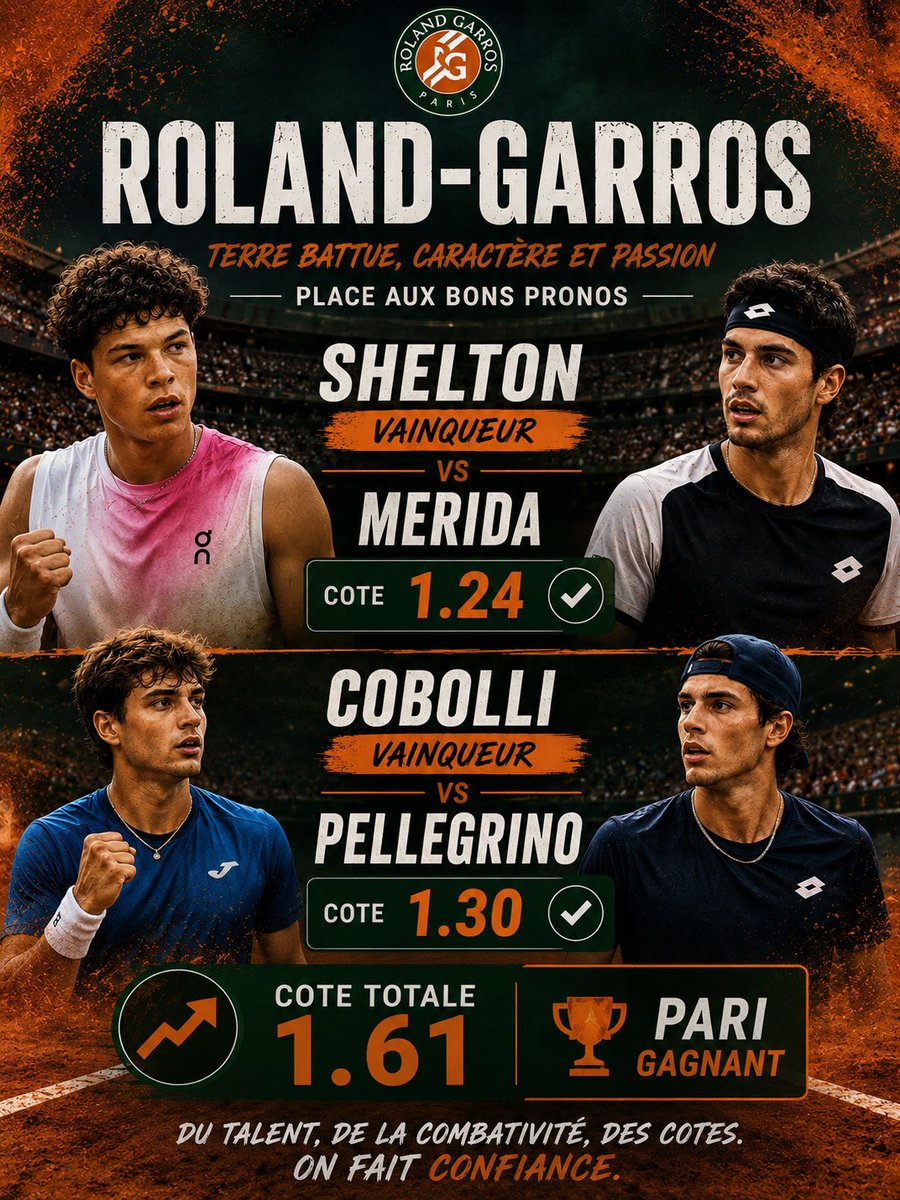 Etroz_Prt's tweet photo. Je pars sur un combiné aujourd’hui :
✅ Shelton vainqueur @1.24
✅ Cobolli vainqueur @1.30

💥 Cote totale : 1.61

Roland-Garros est lancé et on a bien démarré on continue 🧱🇫🇷
#TeamParieurs #RolandGarros https://t.co/AbWPqYtehi