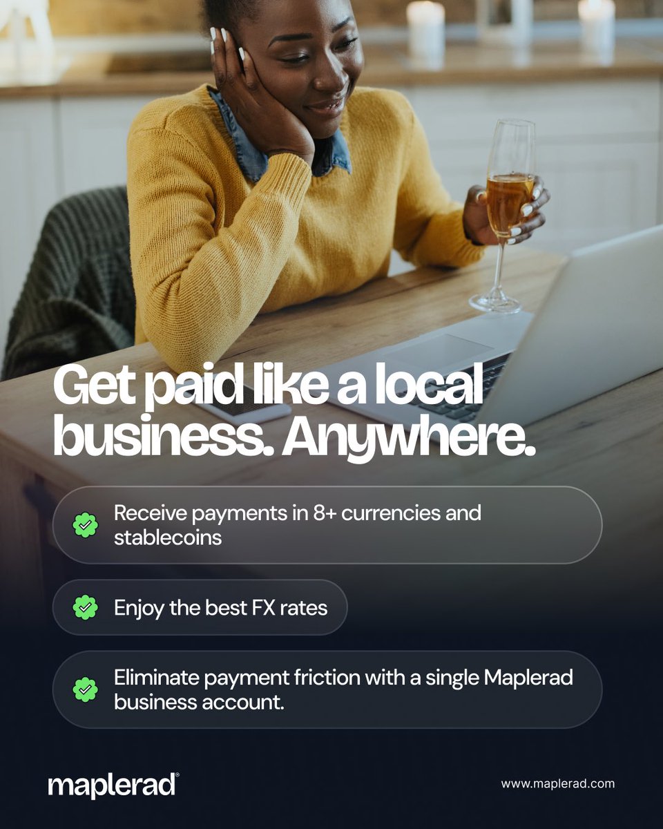 withmaplerad's tweet photo. Your business deserves better ways to get paid globally.

With a Maplerad Business Account, you can receive payments from customers around the world like a local business.

Get access to:
✅ Local account details in multiple currencies
✅ Stablecoin support for global payments
✅ Better FX rates for currency conversion
✅ Faster cross-border settlements
✅ One platform for all your payment operations

Experience seamless global payments built for modern businesses. Sign up today at https://t.co/5lsZBabqGR