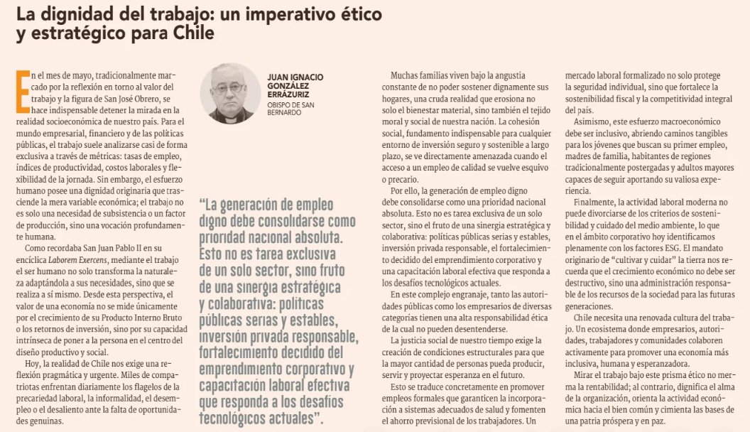 DFinanciero's tweet photo. 💬 #OpiniónDF | Columna: La dignidad del trabajo: un imperativo ético y estratégico para Chile
✍️ Juan Ignacio González, Obispo de San Bernardo
https://t.co/Ozt0JPUTfU https://t.co/doDulOSh00