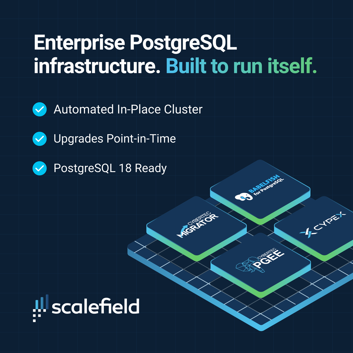 PostgresSupport's tweet photo. "Quick PostgreSQL upgrade across all nodes this weekend" said no DBA ever.

Until Scalefield. Automated in-place upgrades, pre-checks, coordinated pg_upgrade, no 2 AM standby required.

And that's just one feature.

Explore Scalefield → https://t.co/9WUvPbE6KK https://t.co/fGRThB6b93