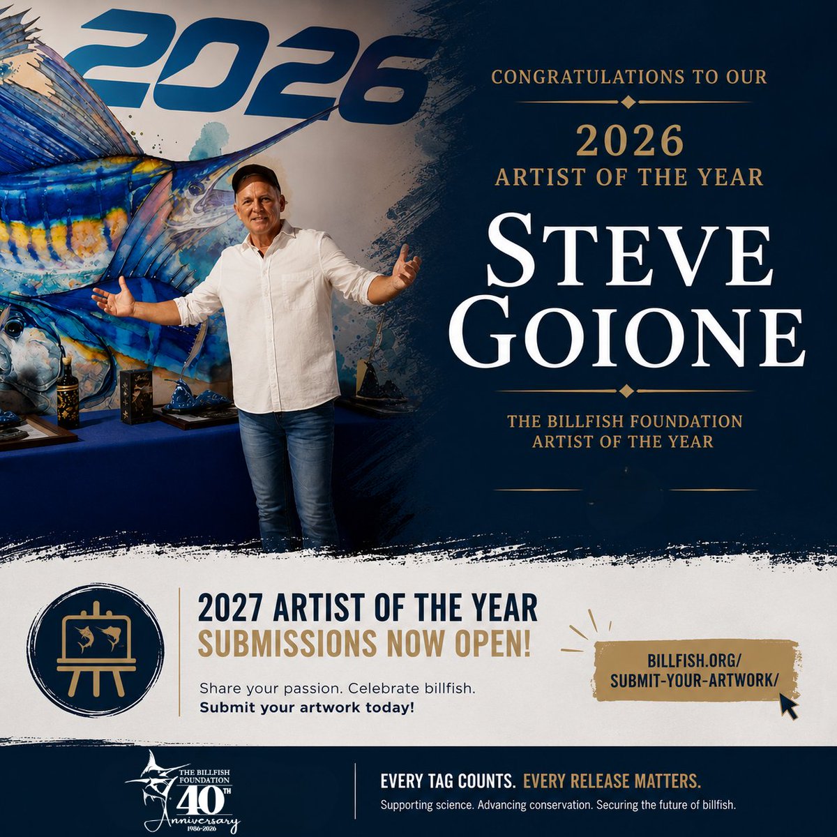 TagBillfish's tweet photo. Congratulations to Steve Goione, The Billfish Foundation’s 2026 Artist of the Year.

Think you have what it takes for 2027?

Submit your artwork here:
https://t.co/PylM8On2hl https://t.co/fAxEDr1FKT
