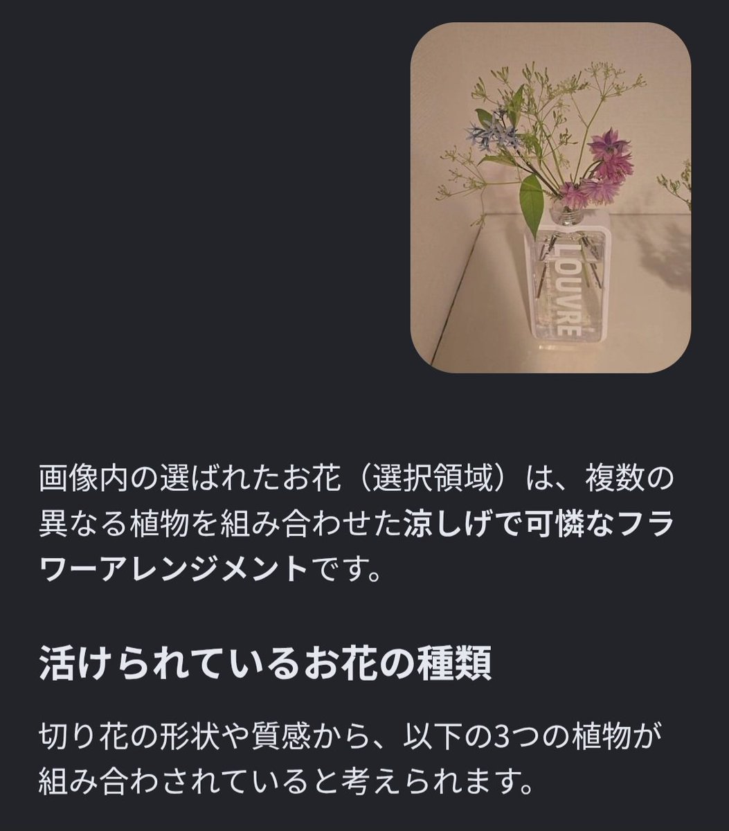 chapi_np's tweet photo. 花の種類を調べようとGoogleレンズしたら、花の活け方を褒められた('Д')！初め、これよりも大絶賛な褒められ方をしたのにスクショし損ねて｢もっかいでて！｣って何度もやったけどでてこず。。さすがAI(´・ω・)邪念もちゃんと読み取るのねw https://t.co/if5VrUrdUn
