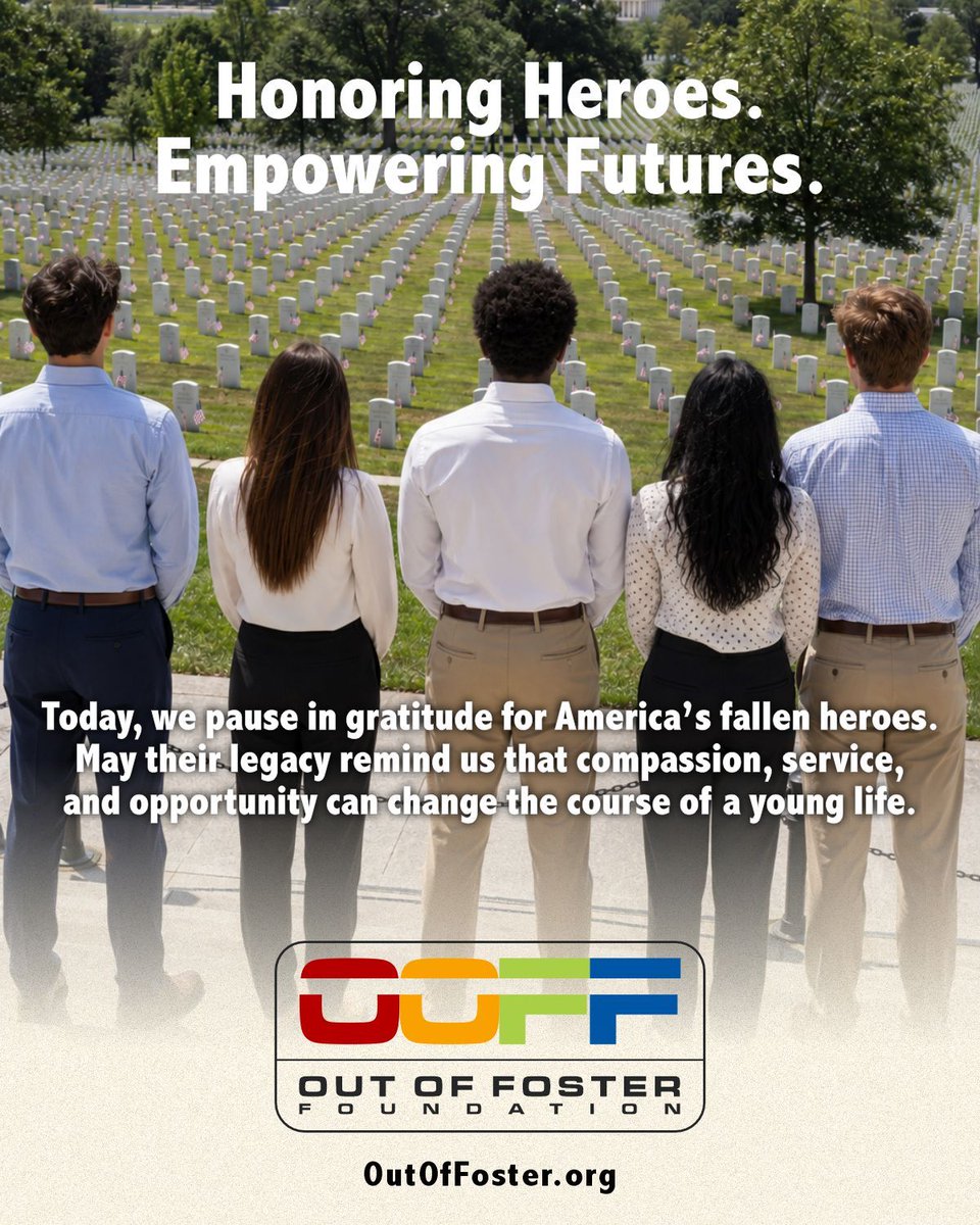 OutOfFoster's tweet photo. Today, we remember the brave men and women who made the ultimate sacrifice in service to our country. Their courage protected the freedoms, hopes, and possibilities we often hold dear… including the opportunity for every young person to build a future filled with purpose and belonging.

At Out of Foster Foundation, we are reminded that many former foster youth are fighting quieter battles —for stability, independence, education, meaningful work, and a place to call their own.

This Memorial Day, as we honor America’s fallen heroes, let us also recommit ourselves to creating pathways of hope, opportunity, and human connection for young adults overcoming adversity.

Because the freedom they protected should include hope for every young life.

https://t.co/2VkTltjduz

#MemorialDay #OutOfFosterFoundation #FormerFosterYouth #YouthEmpowerment #NonprofitImpact #HopeAndOpportunity #CommunitySupport
