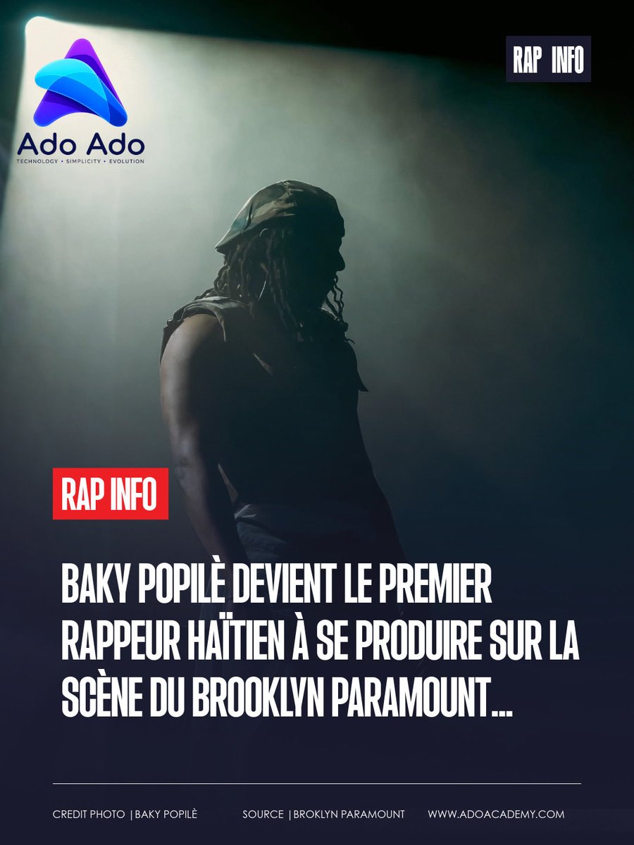 AdoAdo02's tweet photo. Le rappeur haïtien Baky Popilè a marqué l’histoire en présentant son “286 TOUR” au Brooklyn Paramount le 23 mai 2026.

Cet événement est particulièrement symbolique, car cette salle légendaire de Brooklyn, fermée pendant plusieurs années pour rénovation, a rouvert en 2024 sous la gestion de Live Nation, avec une capacité d’environ 2 700 places.

De son vrai nom Baptista Lugendy St-Hubert, originaire des Cayes, Baky est aujourd’hui l’un des artistes haïtiens les plus influents, combinant succès commercial et message social dans sa musique.

En bref :

Baky Popilè devient le premier rappeur haïtien à se produire sur la scène du Brooklyn Paramount une avancée majeure pour le rap créole et la culture haïtienne 🇭🇹🔥