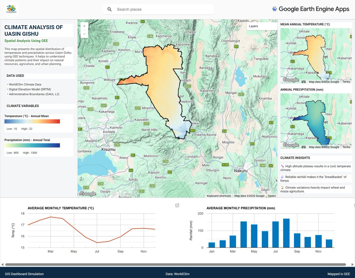 C4708911Charles's tweet photo. Explore Uasin Gishu's climate like never before! ๐พ๐ฐ๐ช I built an interactive Spatial Analysis Dashboard using Google Earth Engine & WorldClim data. View high-res temp/rainfall maps & charts instantly. Try it here: https://t.co/WOxRfNgMQR #GIS #EarthEngine https://t.co/quT2aOH5Mn