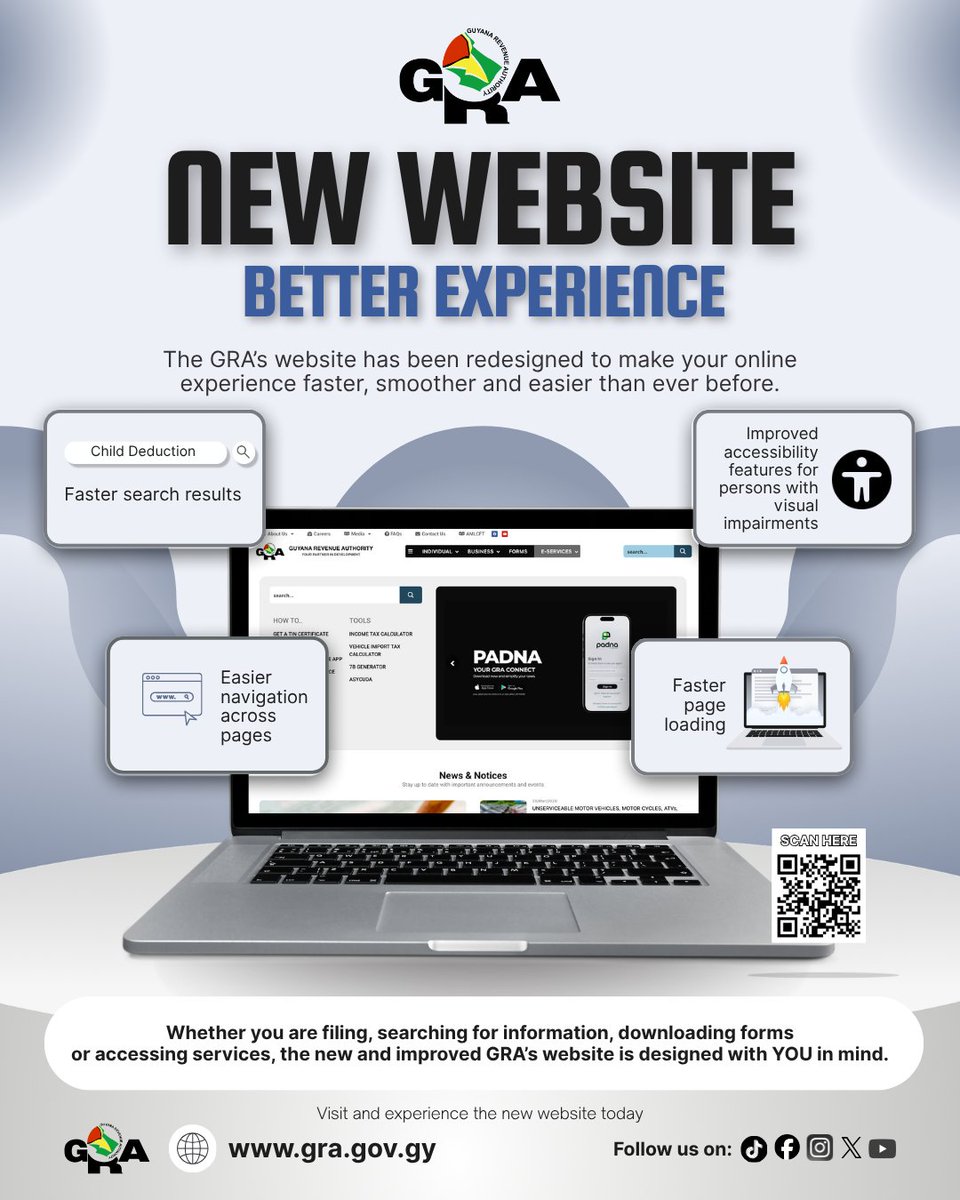 GRAupdates's tweet photo. NEW WEBSITE. BETTER EXPERIENCE.
The Guyana Revenue Authority’s website has been redesigned to make your online experience faster, smoother and easier than ever before.
Visit today:https://t.co/uSh9iVj0FY

#GuyanaRevenueAuthority #GRA https://t.co/n2yNsuDB8I