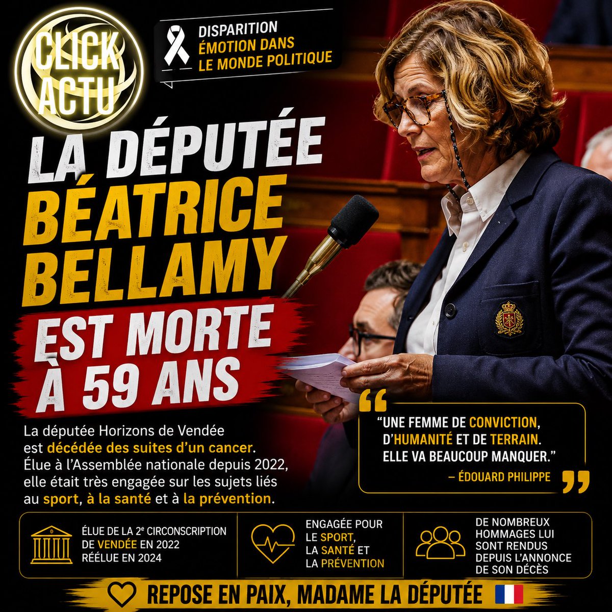 ClickActu's tweet photo. 🕊️🇫🇷 La députée Horizons de Vendée Béatrice Bellamy est décédée à 59 ans des suites d’un cancer.  

De nombreux hommages lui sont rendus dans le monde politique.

#Politique #France #ClickActu https://t.co/OTGxRCLDGm