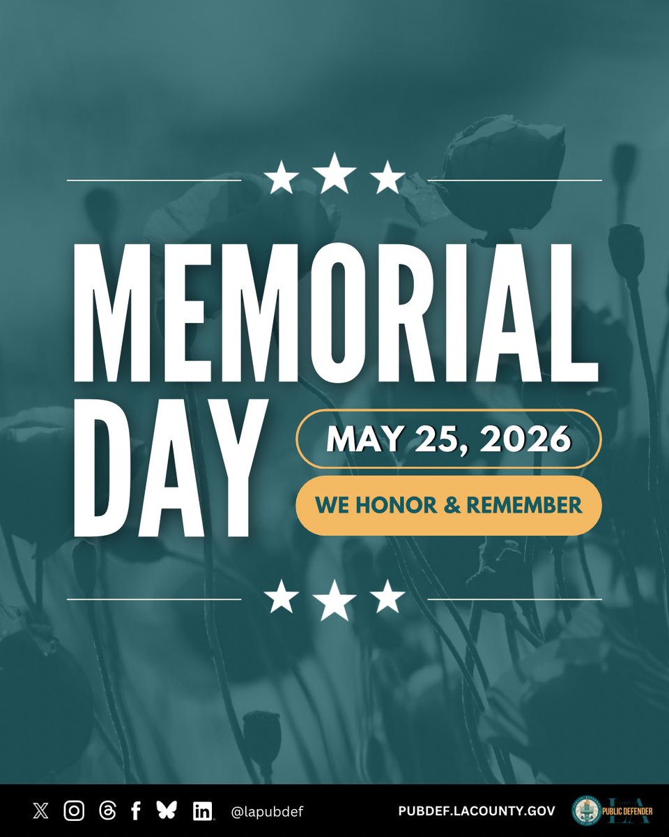 lapubdef's tweet photo. Today, we honor and remember the brave individuals who made the ultimate sacrifice while serving our country. In observance of Memorial Day, our offices will be closed on Monday, May 25. Regular business hours will resume on Tuesday, May 26. https://t.co/Kc0tvK0PCh