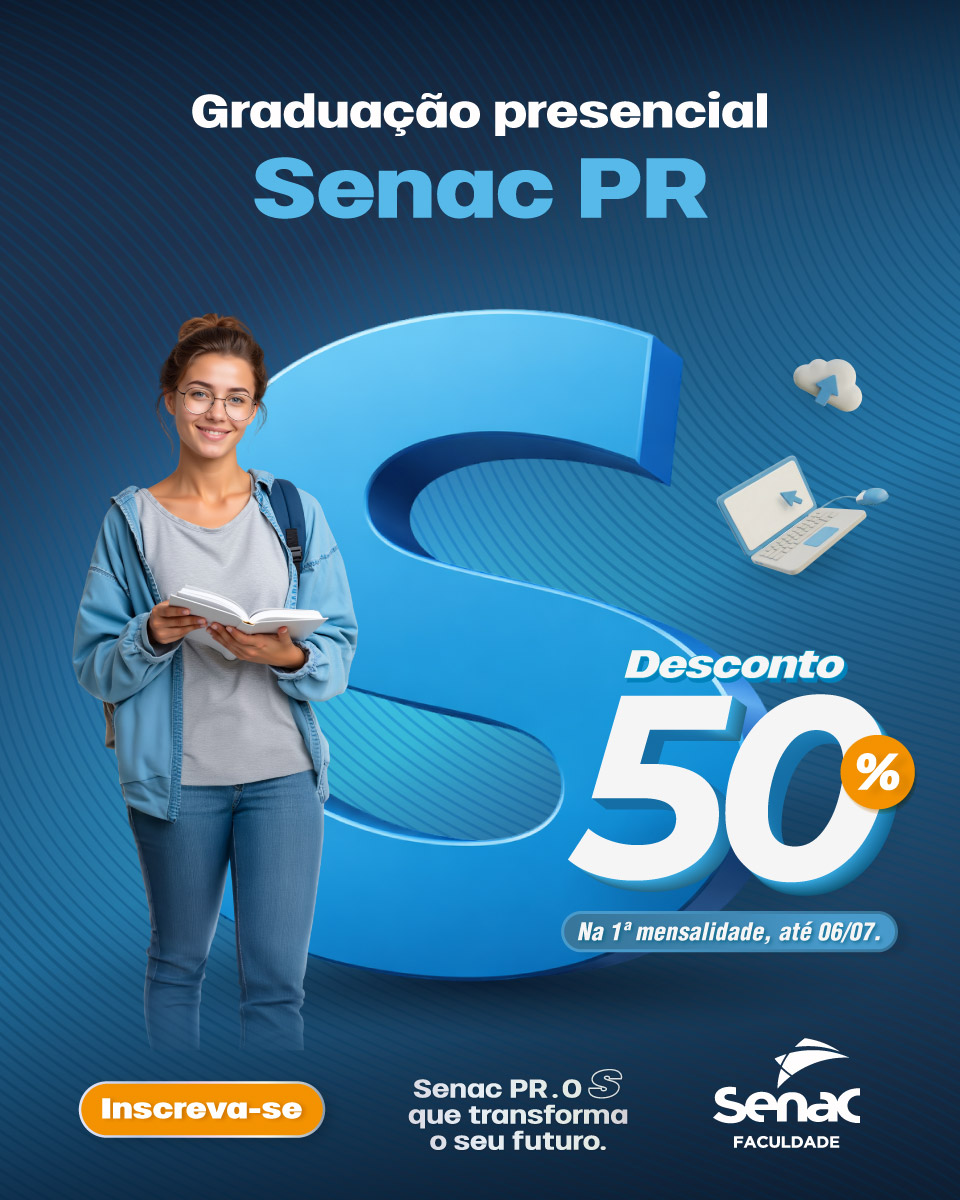SENAC_PR's tweet photo. Venha para a Faculdade Senac PR!
As inscrições para o 2º semestre estão abertas e você ainda garante 50% de desconto na 1ª mensalidade para matrículas antecipadas até 06/07: https://t.co/2b8AdfFLQU
Senac PR. O S que transforma o seu futuro. https://t.co/zpch76GTjn