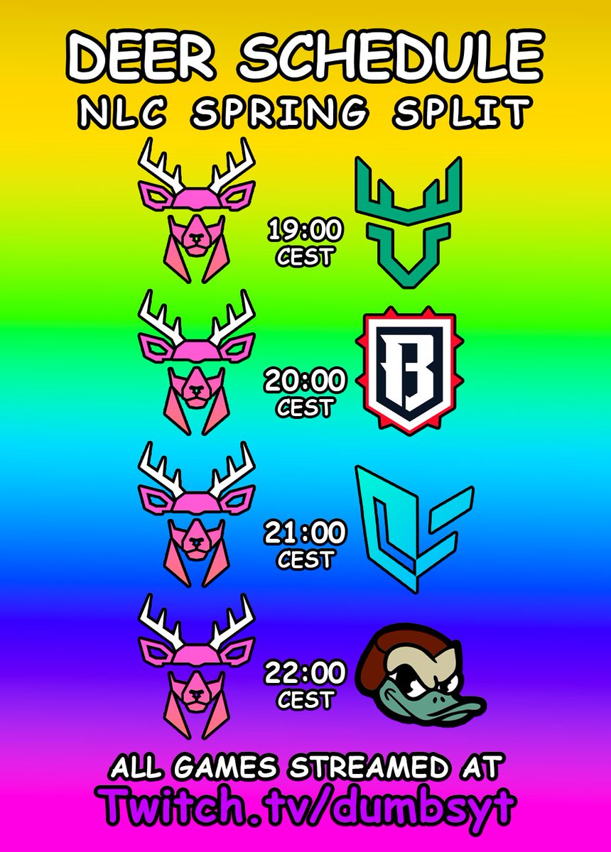 DeerGaminglol's tweet photo. NLC IS BACK

AND DEER GAMING IS WINNING IT ALL

4 BACK-TO-BACK GAMES

FIRST GAME AT 19:00 CEST

ALL GAMES WILL BE CO-STREAMED BY DUMBS

(We didn't have money for a graphics designer) https://t.co/9tGBrEDKRs