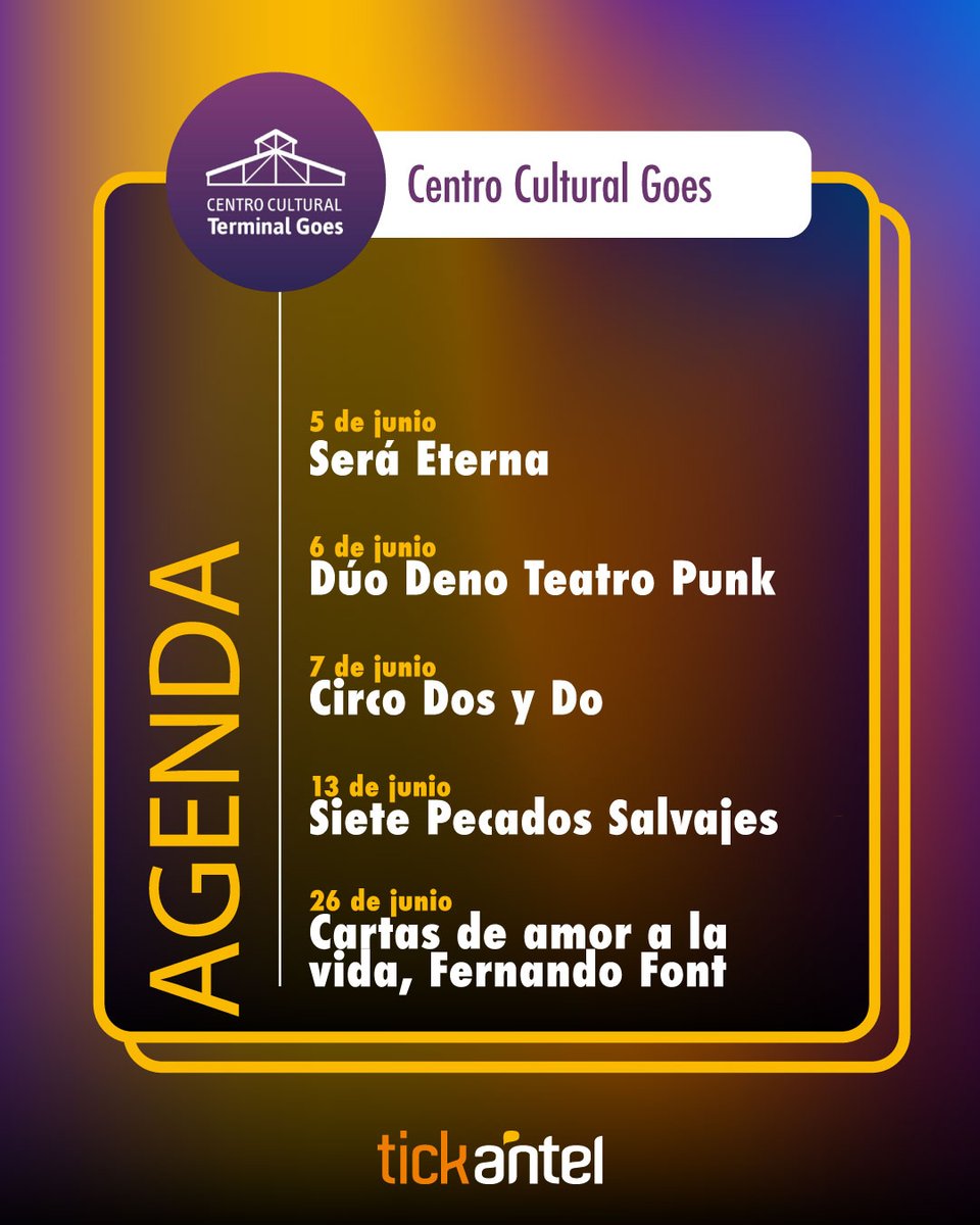 Tickantel's tweet photo. Junio se llena de cultura en el Centro Cultural Terminal Goes
Música, teatro, humor y espectáculos para disfrutar todo el mes. 
Conseguí tus entradas en Tickantel y no te quedes afuera. https://t.co/6K3e5ASxb1