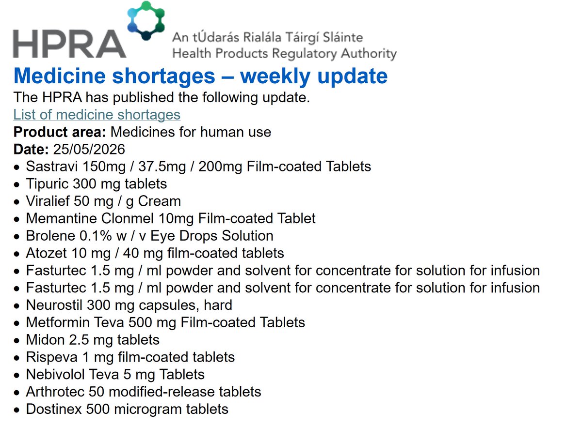 FormularyIE's tweet photo. HPRA Medicine Shortages 25/06/2026
@McCabesPharmacy @louisapower @TCDPharmacy @PSIRegulator @IrishPharmacy  @NMPDUCorkKerry @NMPDUKilkenny @NMPDUNorthWest @nmpduwest @NmpdDskw @NMPDUNorthWest @NmpdDskw
@NMPDU_Ardee
@PracticeNurses @corkGPtraining @irishGPtrainee @WesternGPprog https://t.co/ypddx65c1K