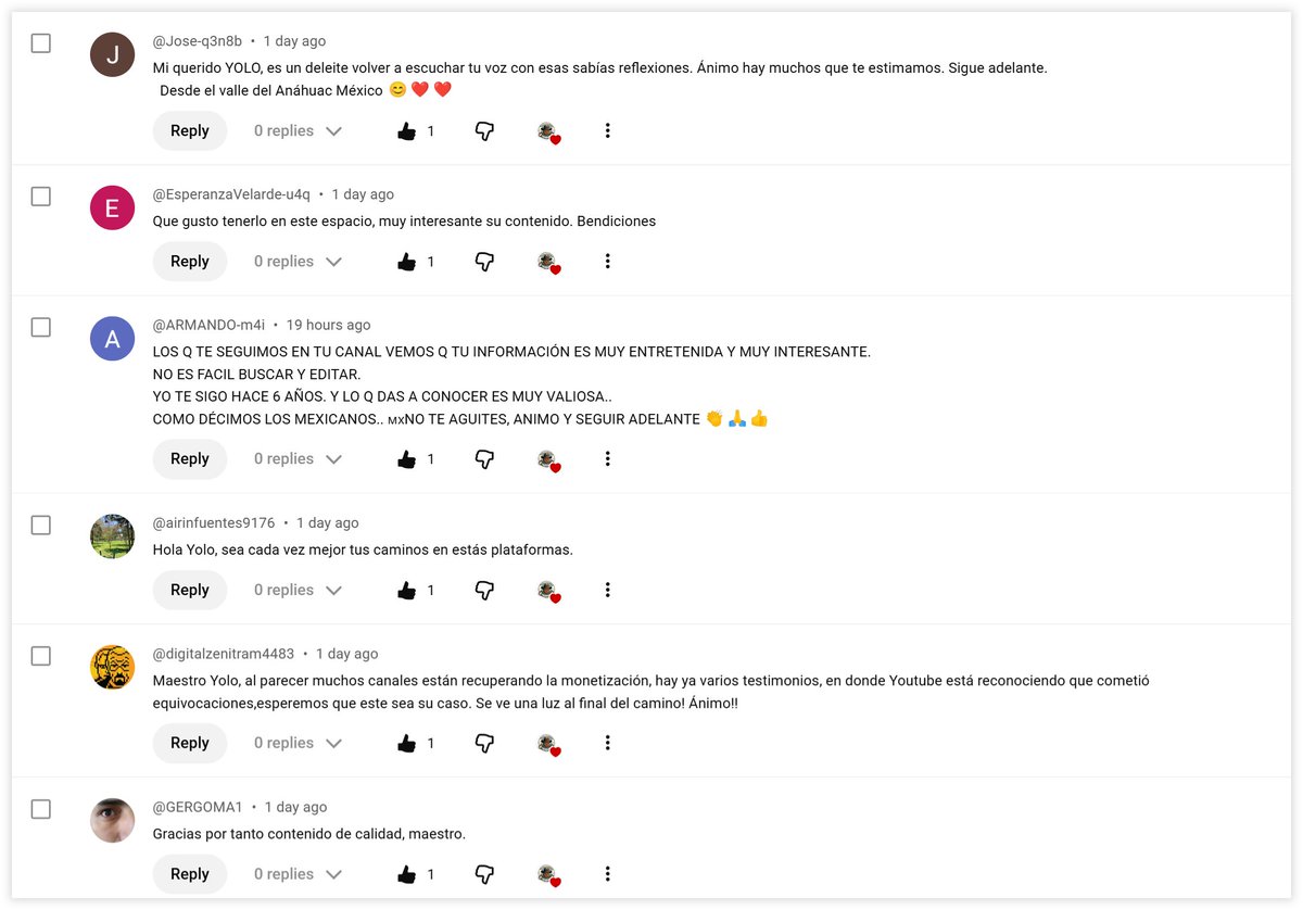 yolocamotes's tweet photo. He aquí muestra pequeña de comentarios positivos de mis seguidores, que amablemente me apoyan con su preferencia, ¿les parece que para ellos no tiene 'ningún valor' el canal como ustedes afirman?
@TeamYouTube
@YouTubeCreators https://t.co/AxFCBrvSWR