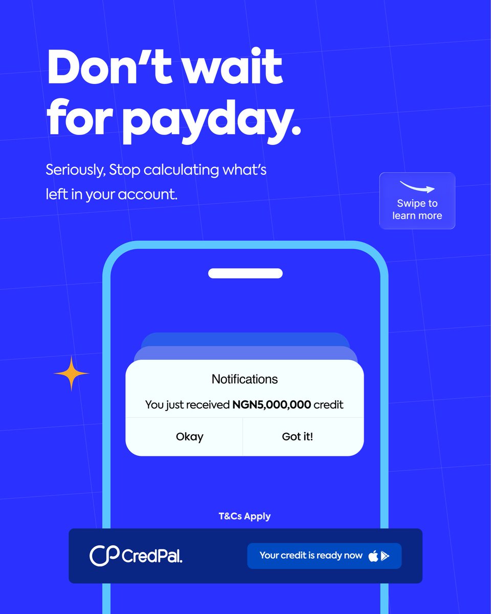 CredPal's tweet photo. Don’t wait for payday to finally get the things you need.

That urgent bill, that opportunity, that item sitting in your cart… life doesn’t always wait for salary alerts. 💙

With CredPal Credit, you already have access to spending power when you need it most, so you can handle today comfortably and keep moving without stress.

Your payday may still be coming, but your credit is already here. 💙✨
#credpal #payday #creditcard