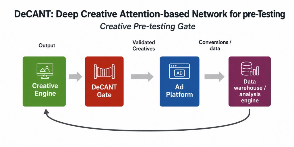eric_seufert's tweet photo. I'm happy to share some of the research that I've been working on today:

As ad platforms become more opaque and automated end-to-end, advertisers are left with few levers of control over campaign performance. I wanted to interrogate an idea: could advertisers treat "black box" platforms as teacher models and use a behavioral distillation process, focusing on multimodal creative and ad context, to predict ROAS performance for ad instances? And if so, what kind of model could best express the interactions between those features?

Most machine learning research focused on digital advertising is published by the largest platforms themselves. I wanted to address this asymmetry and explore what advertisers could build independently to improve performance within this increasingly automated environment.

That idea ultimately became DeCANT: a Deep Creative Attention-based Network for pre-Testing. The model architecture uses self- and cross-attention to condition the semantic interpretation of a creative on the environment in which it is deployed. The model architecture supports multimodal ad creative and predicts ROAS on a context-conditioned basis.

Operationally, a model like DeCANT can fit into a pre-testing regime as an automated filter: creatives are produced through a generative pipeline, and the student model that learns the process for the given advertising channel is invoked on the proposed creative and context. The model produces an expected ROAS, which is compared against the advertiser's testing threshold to determine whether the creative is uploaded to the platform.

https://t.co/TgElrkFWwI
